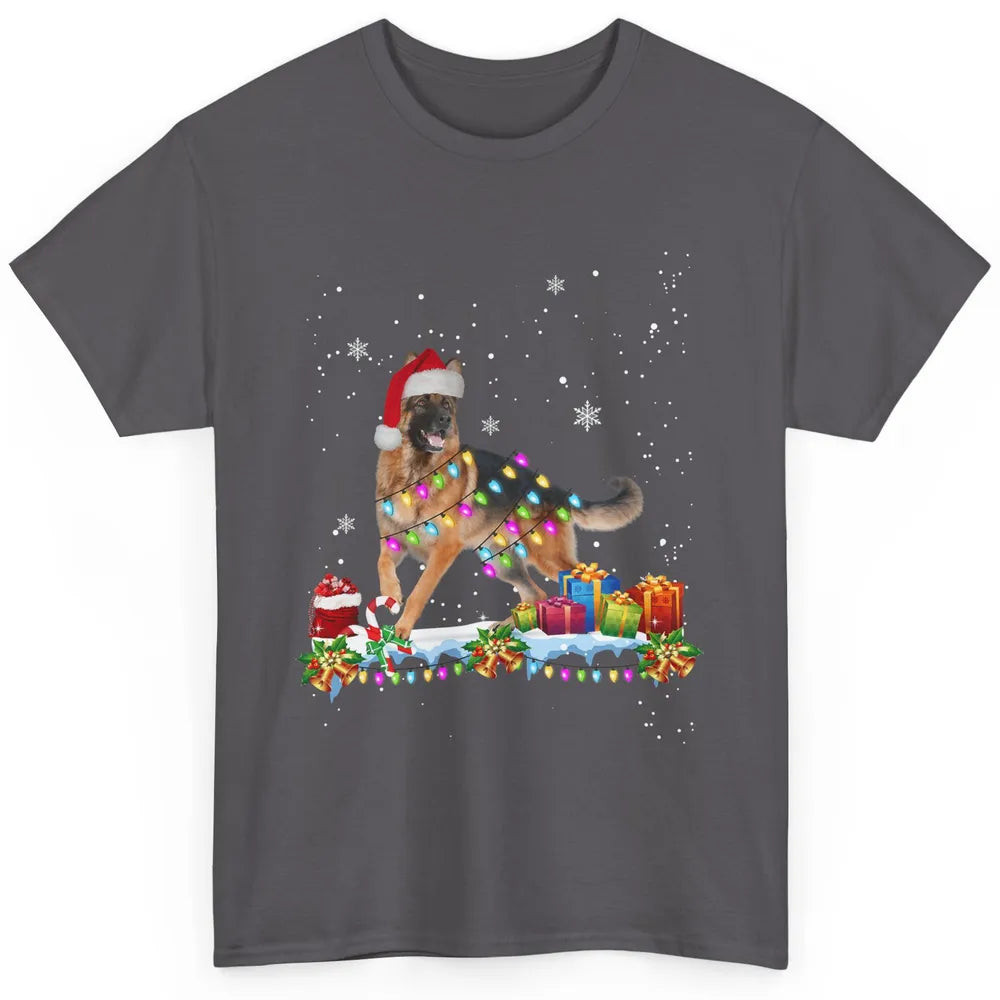 Merry Christmas German Shepherd Dog Santa Hat Xmas Lights Classic Unisex T-Shirt