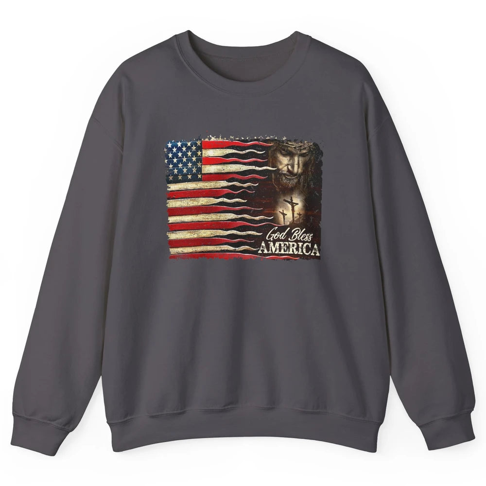 Retro US Flag Jesus Cross God Bless America Patriot July 4th Unisex Crewneck Sweatshirt