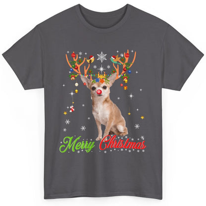 Merry Christmas Chihuahua Dog Santa Hat Xmas Reindeer Lights Classic Unisex T-Shirt