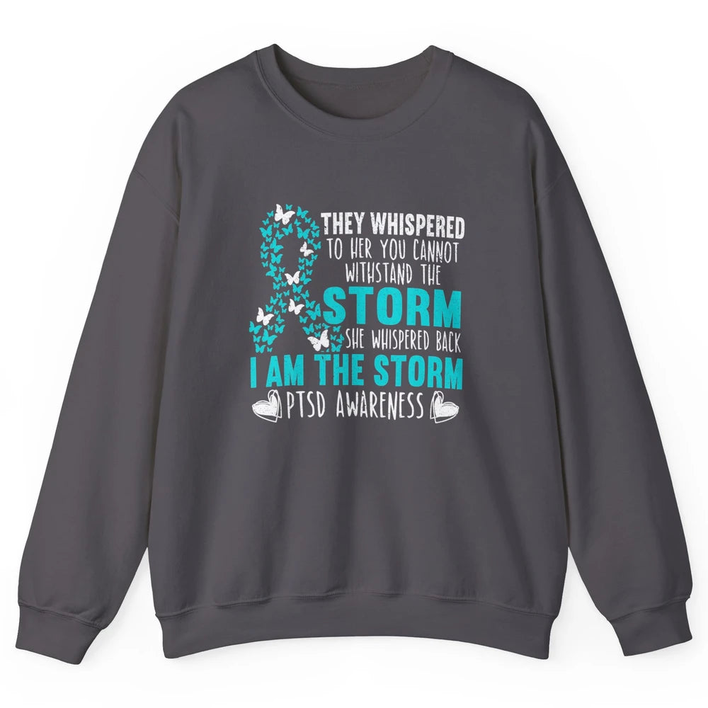 Teal Ribbon Butterfly The Storm Warrior PTSD Awareness Month Unisex Crewneck Sweatshirt