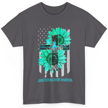 Addiction Recovery Faith Hope Love Teal US Flag Jesus Cross Classic Unisex T-Shirt