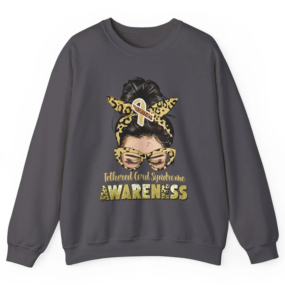 Tethered Cord Syndrome Ribbon Leopard Messy Bun Mom Glasses Unisex Crewneck Sweatshirt