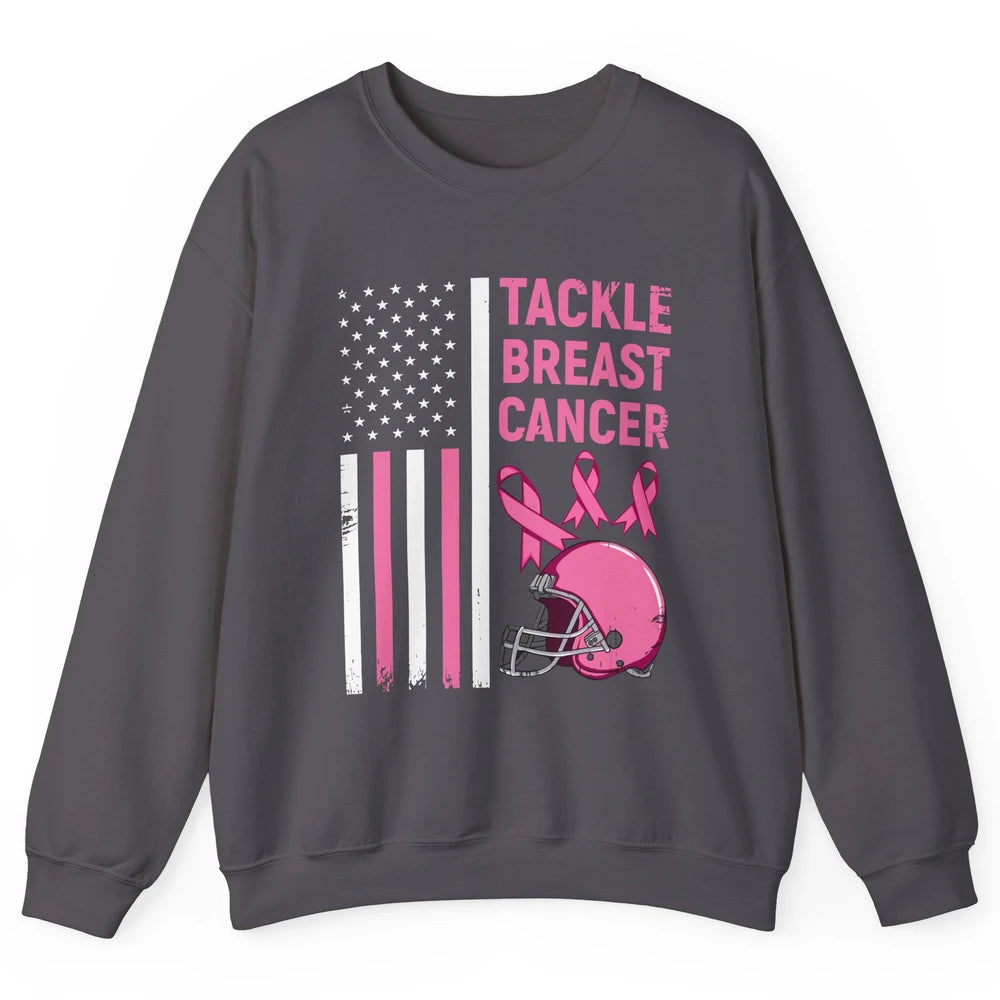 Tackle Breast Cancer US Flag Football Helmet Pink Ribbon Unisex Crewneck Sweatshirt