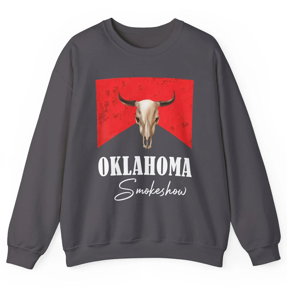 Boho Bull Skull Cow Print Oklahoma Smokeshow Western Country Unisex Crewneck Sweatshirt