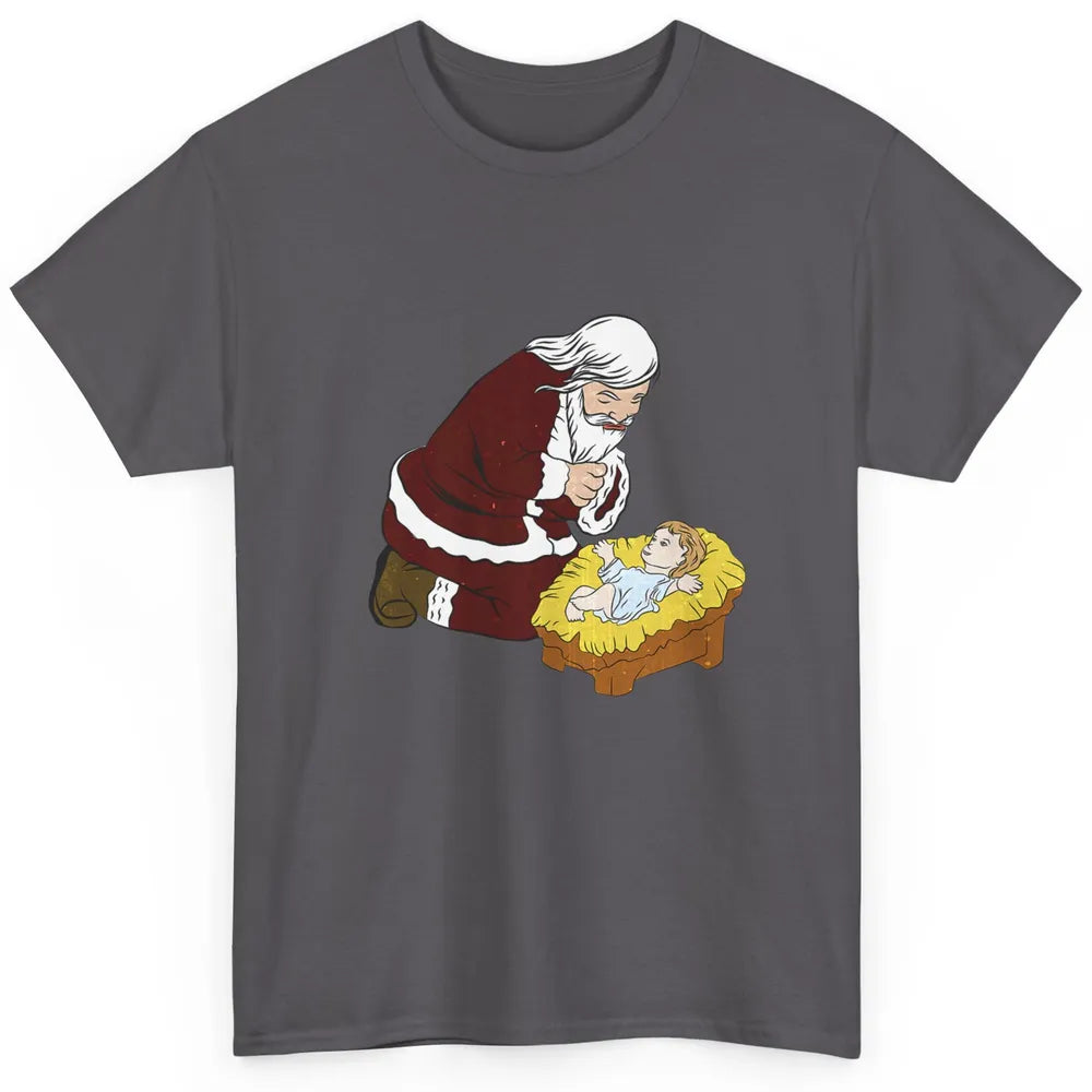 Merry Christmas Kneeling Santa Claus With Baby Jesus Xmas Classic Unisex T-Shirt