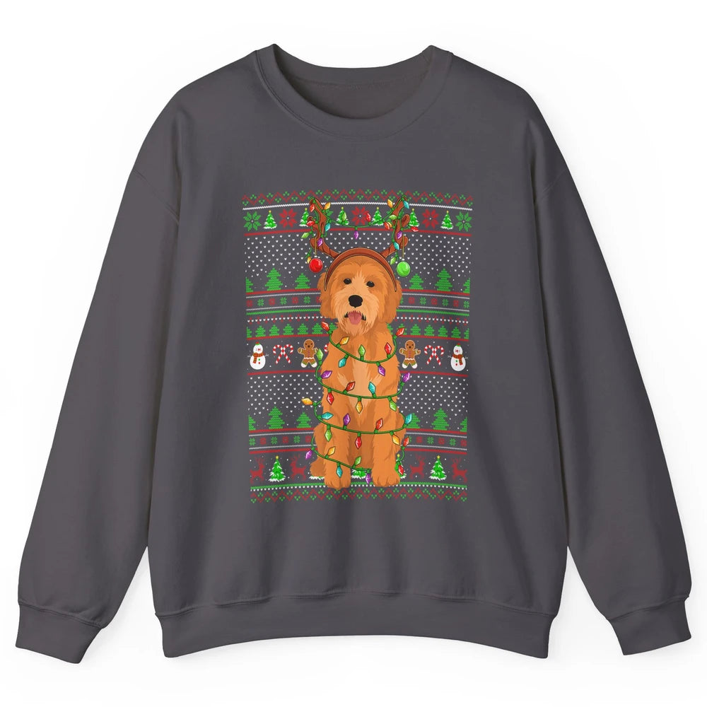 Merry Christmas Golden Doodle Dog Reindeer Xmas Lights Ugly Unisex Crewneck Sweatshirt