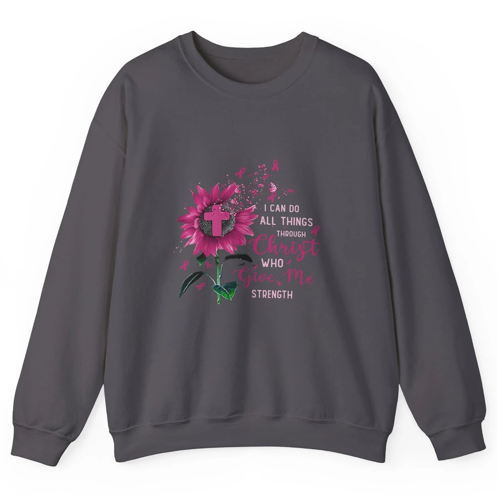 Breast Cancer Month Sunflower God Strength Cross Pink Ribbon Unisex Crewneck Sweatshirt