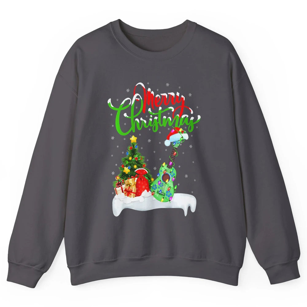 Merry Christmas Funny Ukulele Xmas Lights Santa Hat Music Unisex Crewneck Sweatshirt