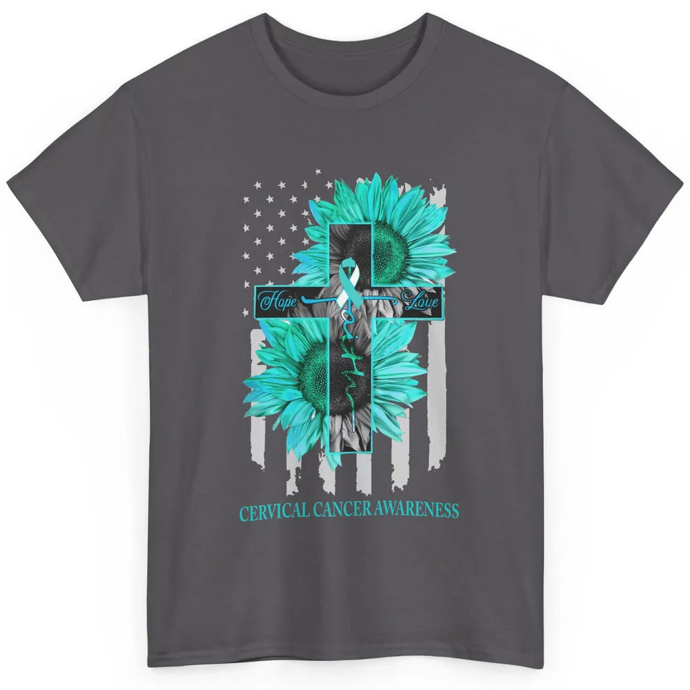 Cervical Cancer Faith Hope Turquoise US Flag Jesus Cross Classic Unisex T-Shirt