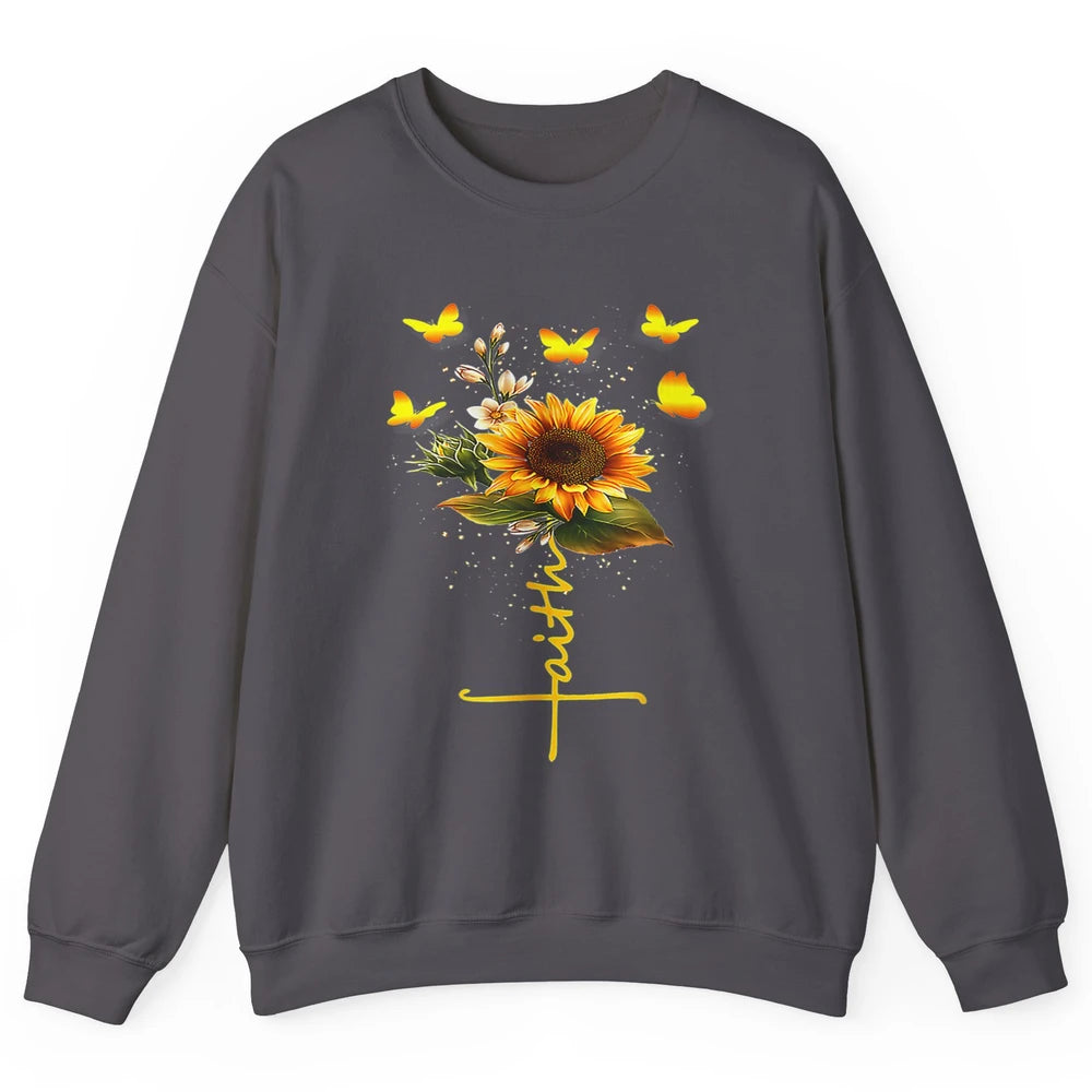 Vintage Faith Cross Sunflower Butterfly Christian Jesus God Unisex Crewneck Sweatshirt