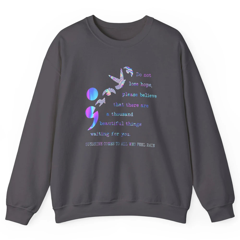 Semicolon Turquoise Ribbon Bird Suicide Prevention Month Unisex Crewneck Sweatshirt