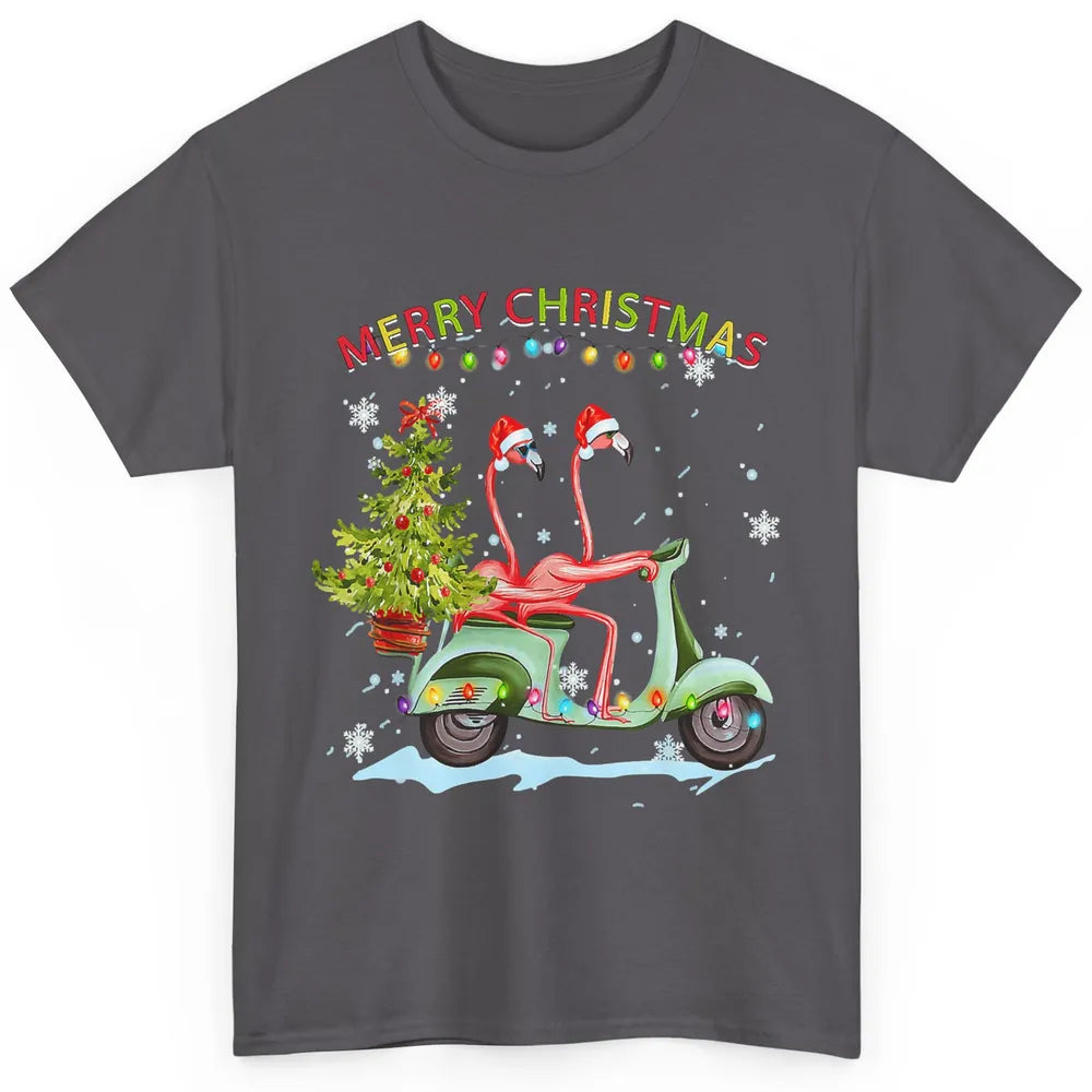 Merry Christmas Flamingos Santa Hat Xmas Lights Motorbike Classic Unisex T-Shirt