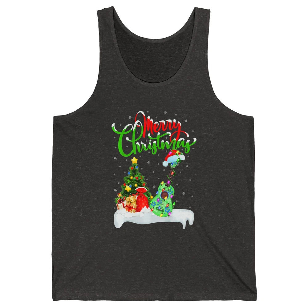 Merry Christmas Funny Ukulele Xmas Lights Santa Hat Music Unisex Jersey Tank