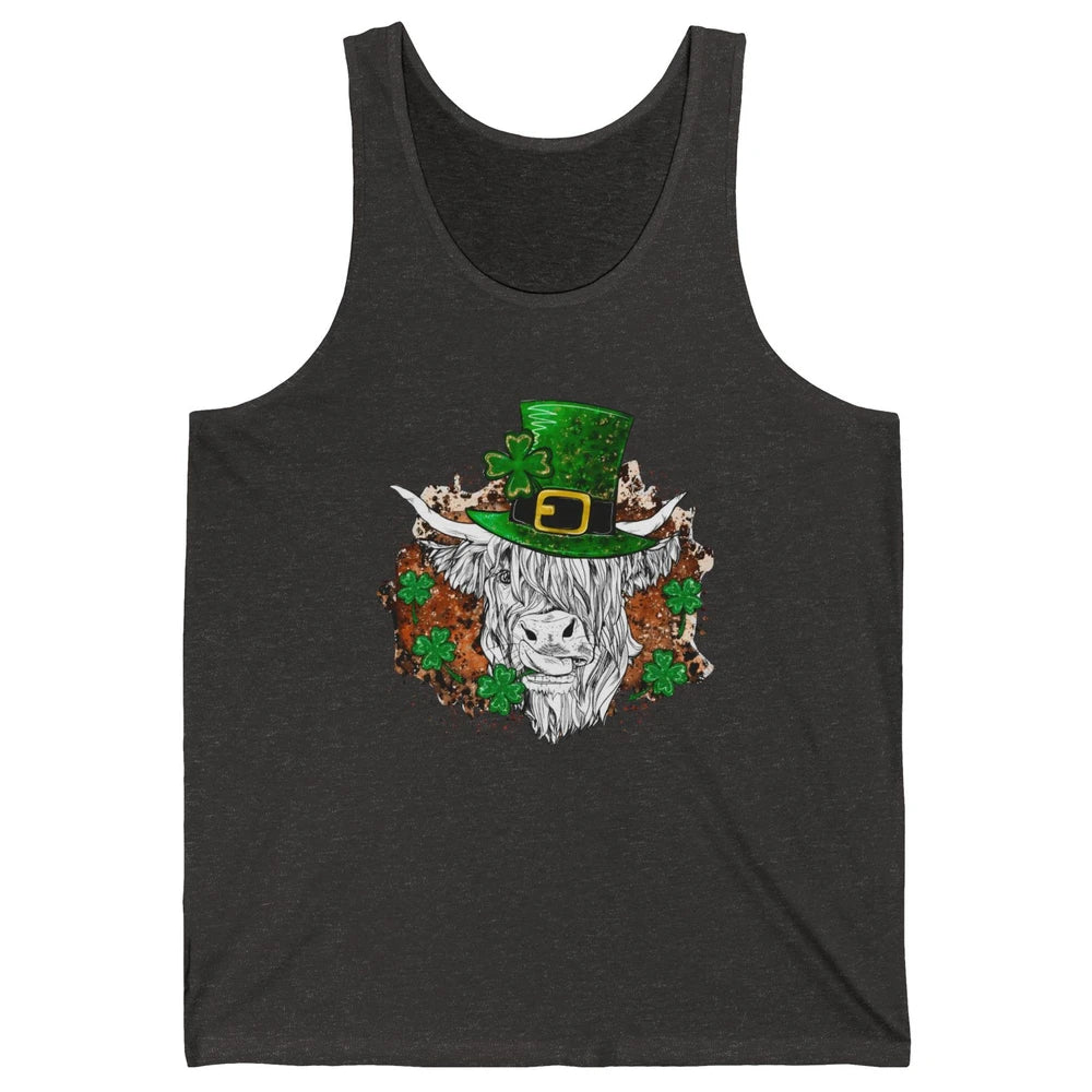 St Patrick's Day Highland Cow With Hat And Clover Shamrock Unisex Jersey Tank