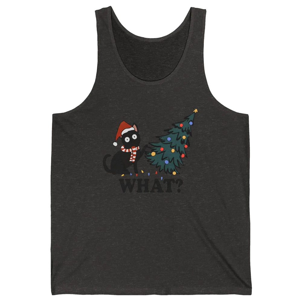 Funny Black Cat Pushing Christmas Tree What? Christmas Cat Unisex Jersey Tank