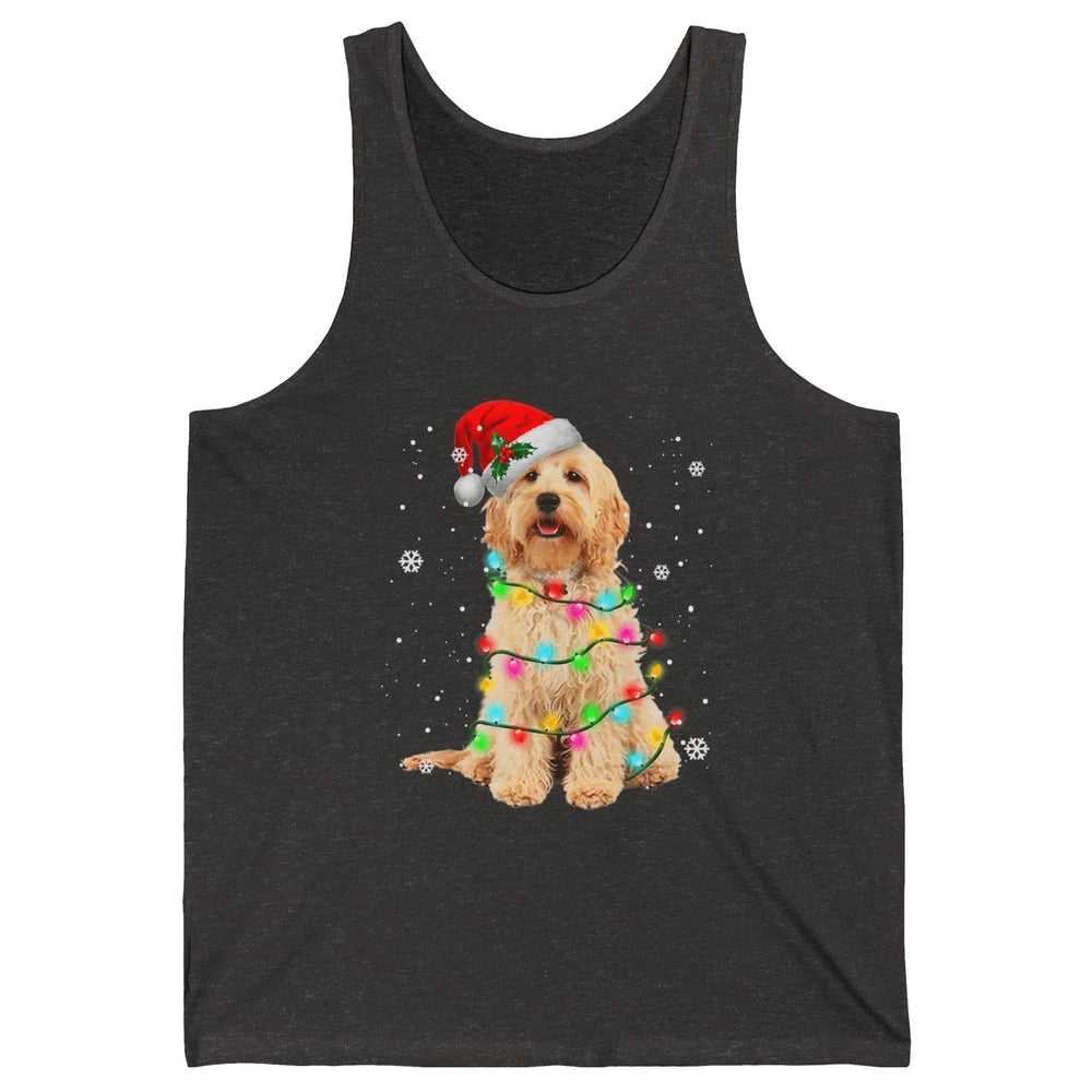 Merry Christmas Golden Doodle Dog Santa Hat Xmas Tree Lights Unisex Jersey Tank