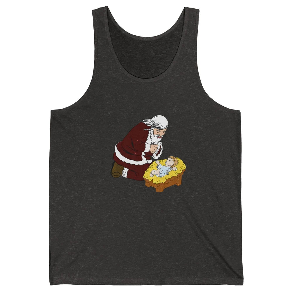 Merry Christmas Kneeling Santa Claus With Baby Jesus Xmas Unisex Jersey Tank