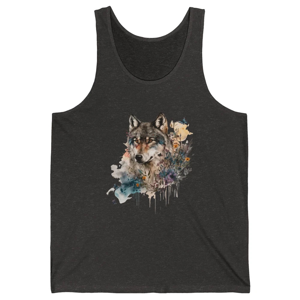 Watercolor Wolf Face Howl Butterfly Wolves Wild Animal Retro Unisex Jersey Tank