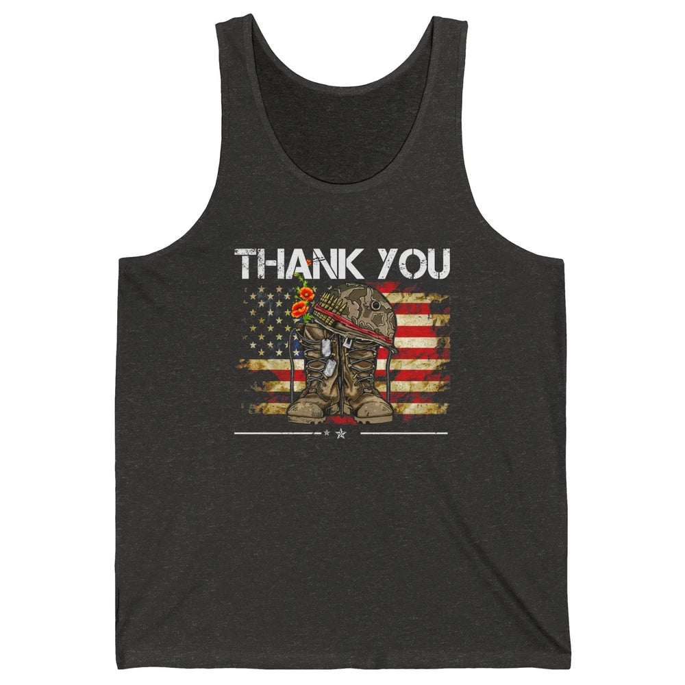 Vintage Veteran US Flag Thank You Military Boot Memorial Day Unisex Jersey Tank