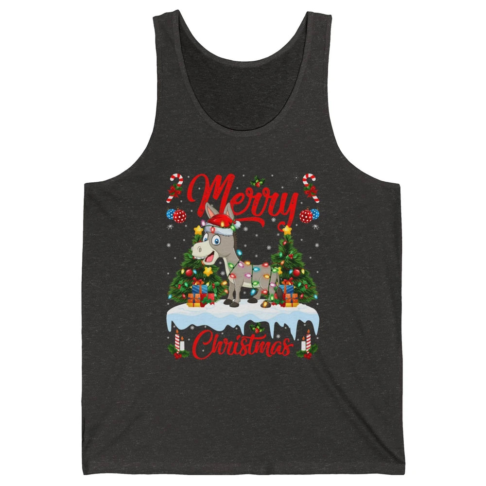 Merry Christmas Donkey Santa Claus Hat Xmas Tree Lights Snow Unisex Jersey Tank