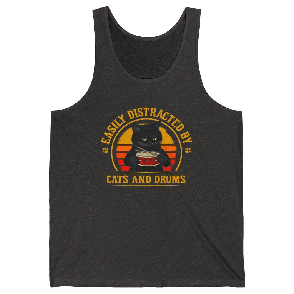 Vintage Black Cat Drummer Easily Distracted By Cat And Drums Unisex Jersey Tank