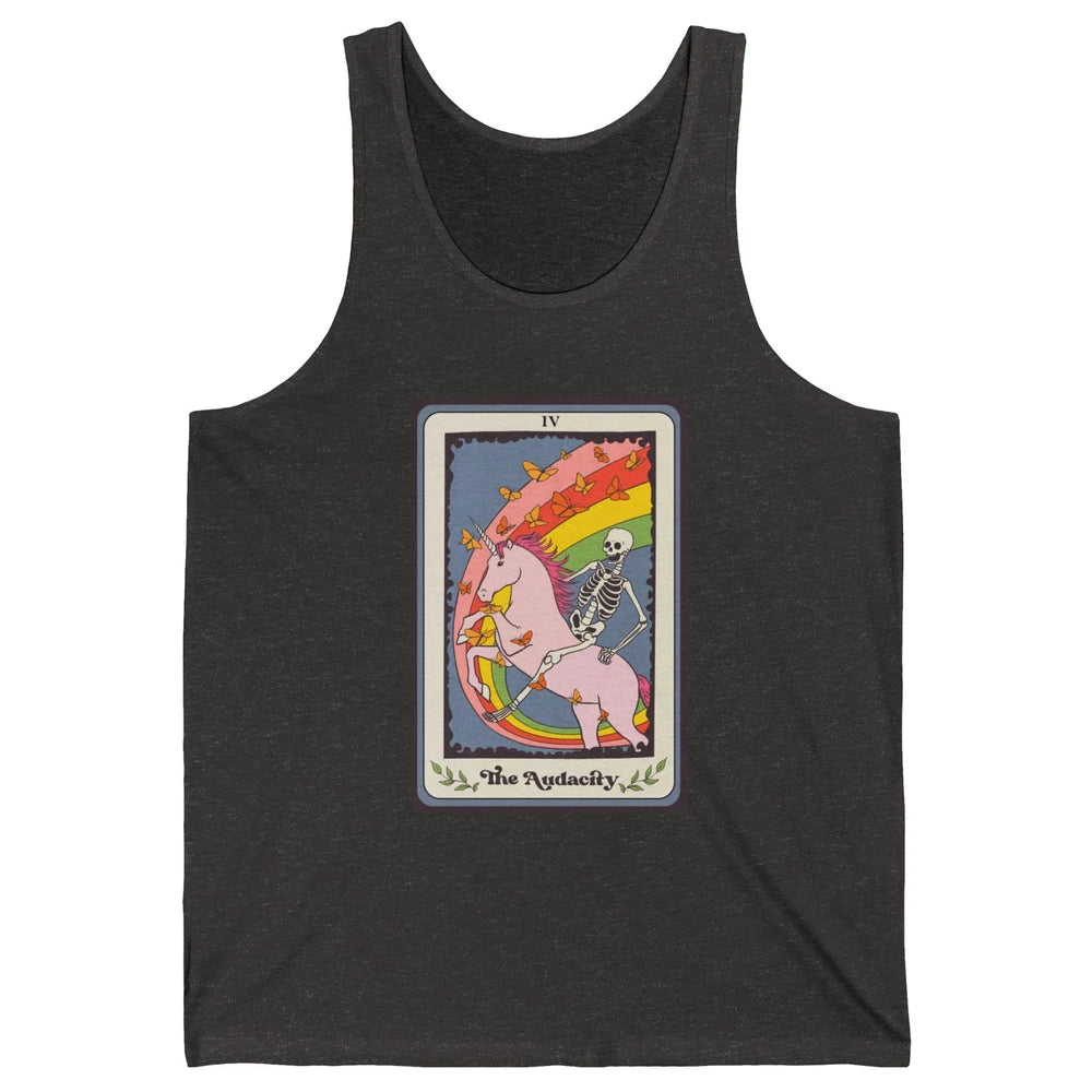 Retro Skeleton Rides Unicorn The Audacity Tarot Card Rainbow Unisex Jersey Tank