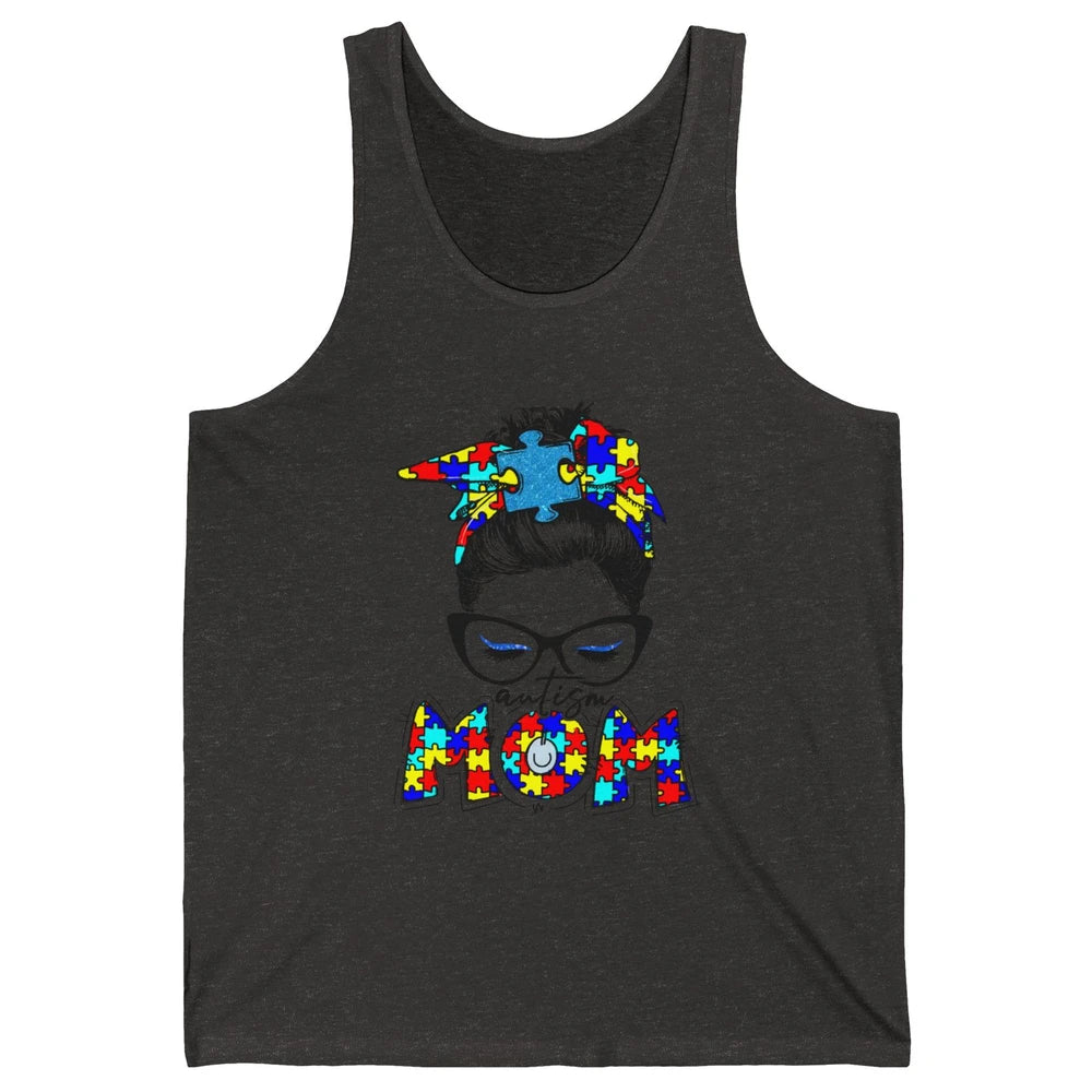 Autism Mom Messy Bun Bandana Puzzle Autism Awareness Month Unisex Jersey Tank