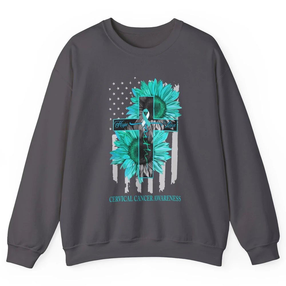 Cervical Cancer Faith Hope Turquoise US Flag Jesus Cross Unisex Crewneck Sweatshirt