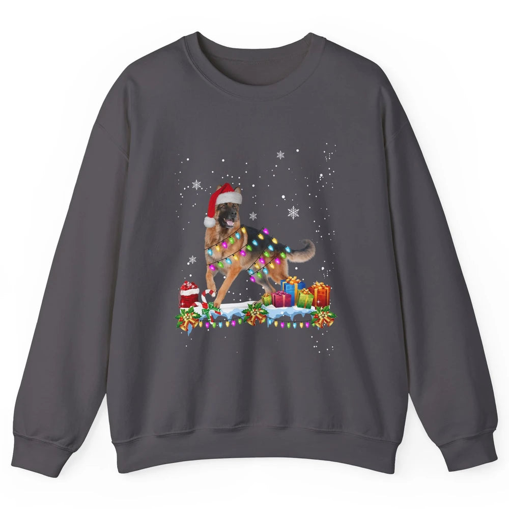 Merry Christmas German Shepherd Dog Santa Hat Xmas Lights Unisex Crewneck Sweatshirt