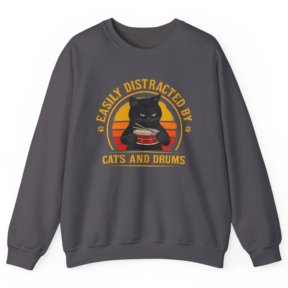 Vintage Black Cat Drummer Easily Distracted By Cat And Drums Unisex Crewneck Sweatshirt