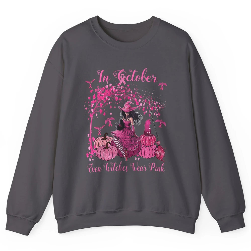 Breast Cancer In October Even Witches Wear Pink Ribbon Fall Unisex Crewneck Sweatshirt