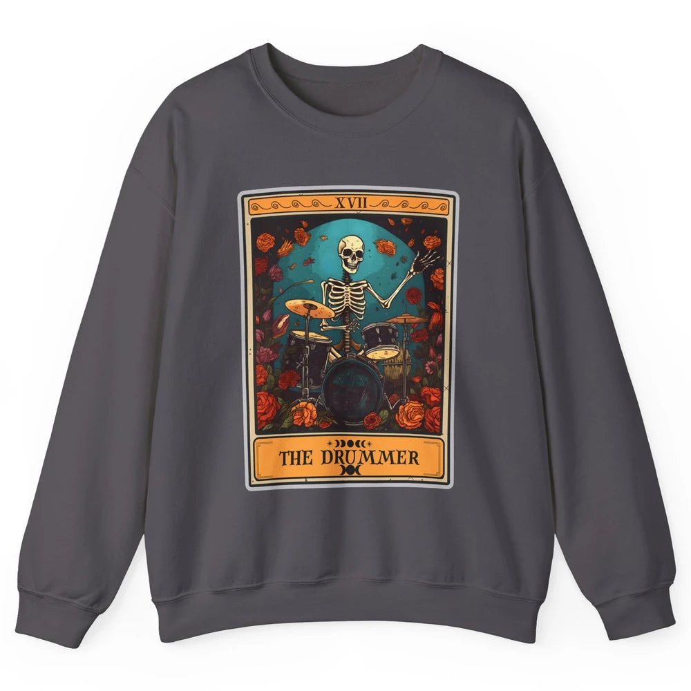 Retro Skeleton The Drummer Tarot Card Halloween Drumming Unisex Crewneck Sweatshirt