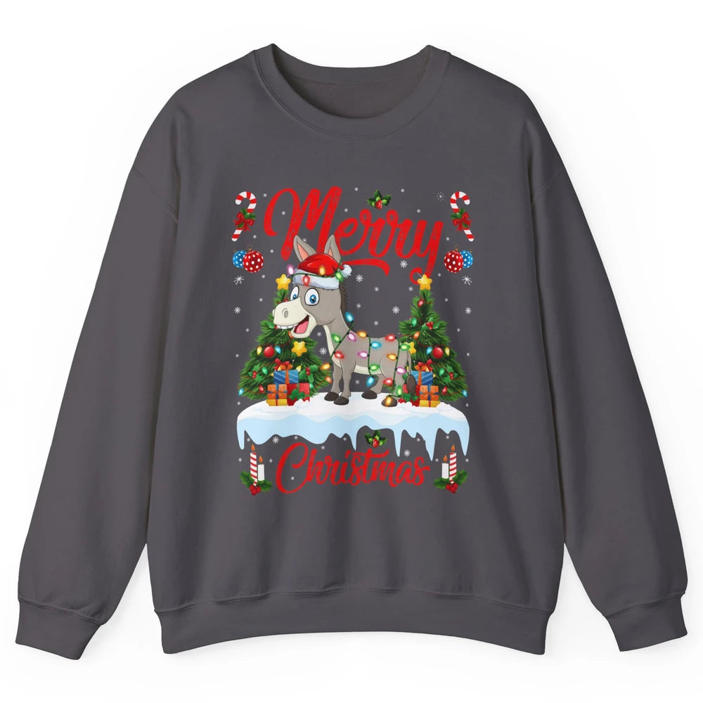 Merry Christmas Donkey Santa Claus Hat Xmas Tree Lights Snow Unisex Crewneck Sweatshirt