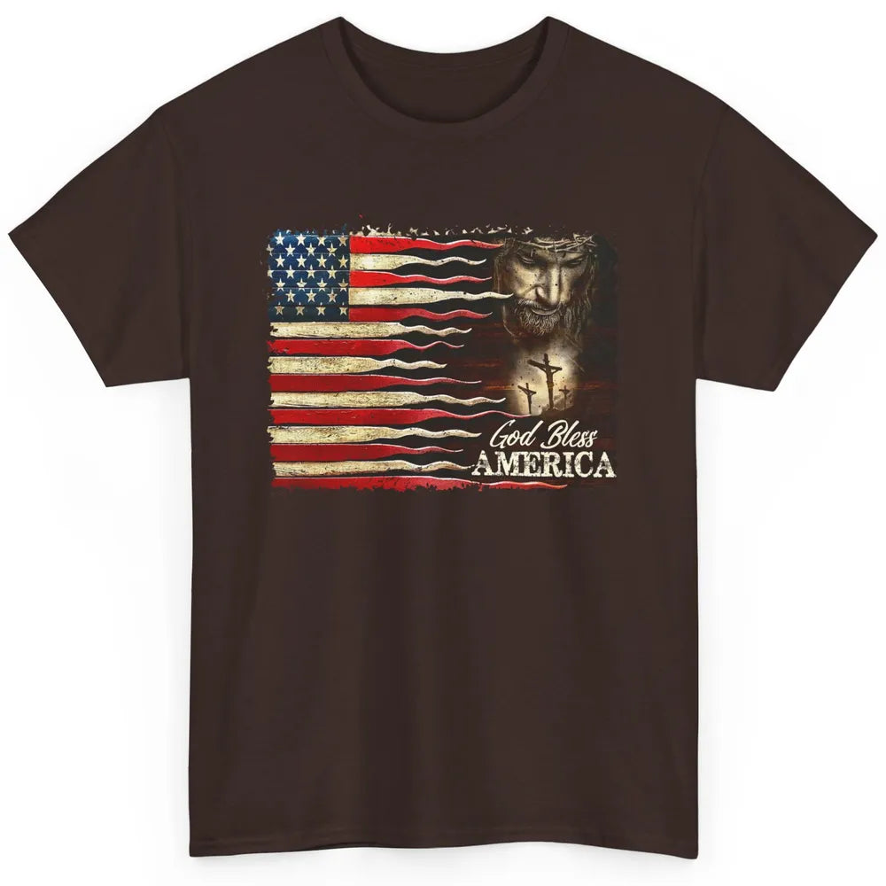 Retro US Flag Jesus Cross God Bless America Patriot July 4th Classic Unisex T-Shirt