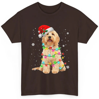 Merry Christmas Golden Doodle Dog Santa Hat Xmas Tree Lights Classic Unisex T-Shirt