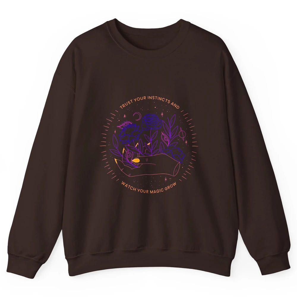 Watch Magic Grow Mystical Moon Witchy Hand Floral Rose Goth Unisex Crewneck Sweatshirt