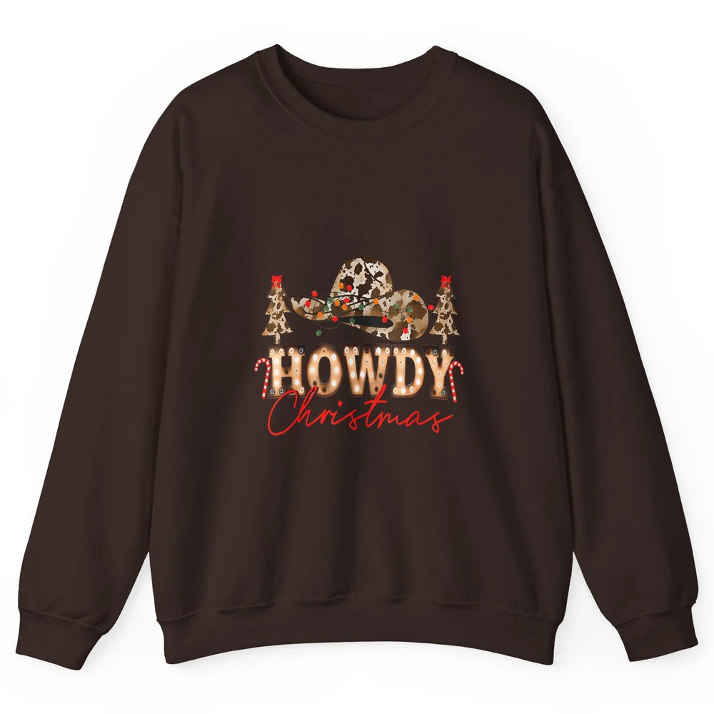 Merry Christmas Howdy Xmas Pine Trees Leopard Cowboy Hat Unisex Crewneck Sweatshirt