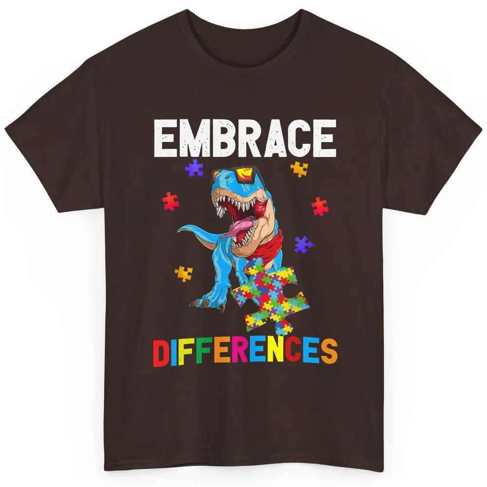 Autism Awareness Dinosaur Puzzle Piece Embrace Differences Classic Unisex T-Shirt