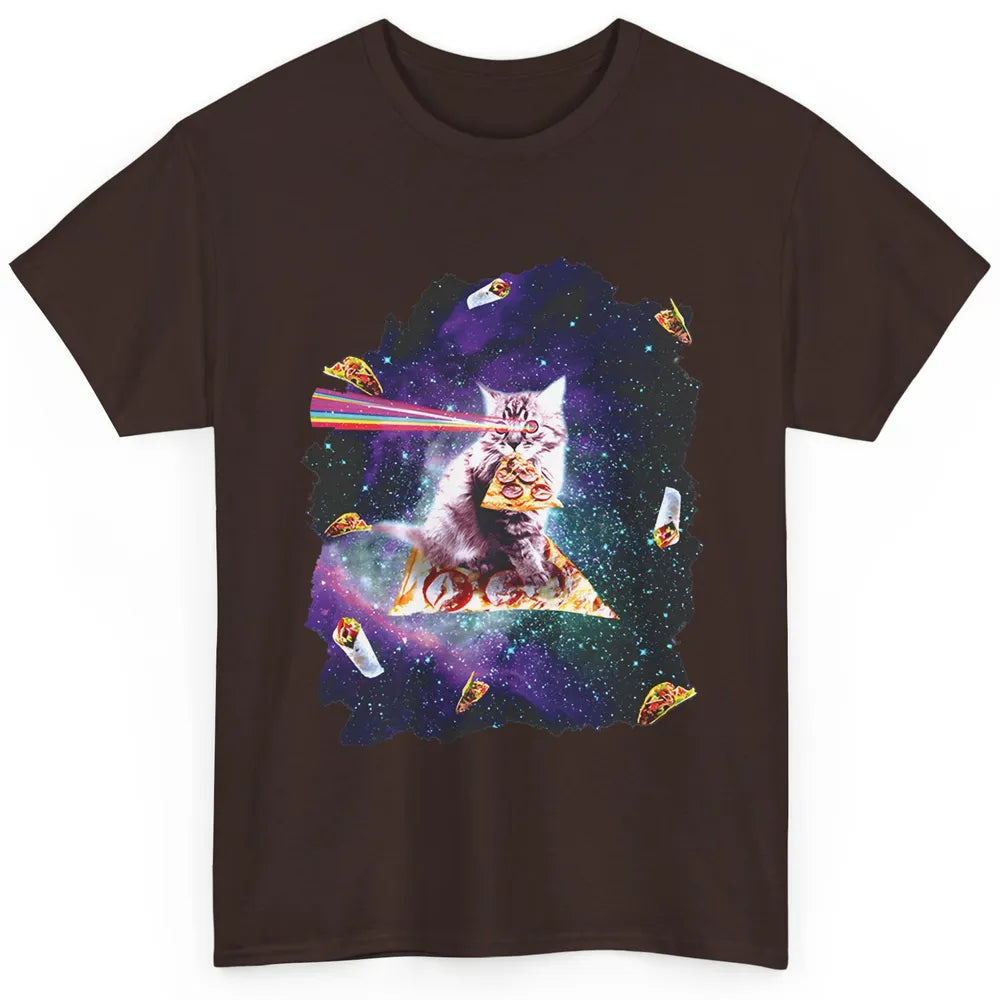 Funny Cat Rainbow Laser Eyes Riding Pizza Astronaut Kitten Classic Unisex T-Shirt