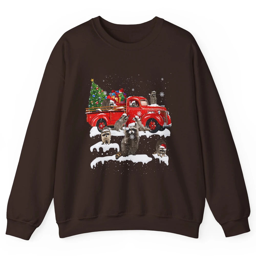 Funny Red Truck Raccoon Xmas Tree Lights Merry Christmas Unisex Crewneck Sweatshirt