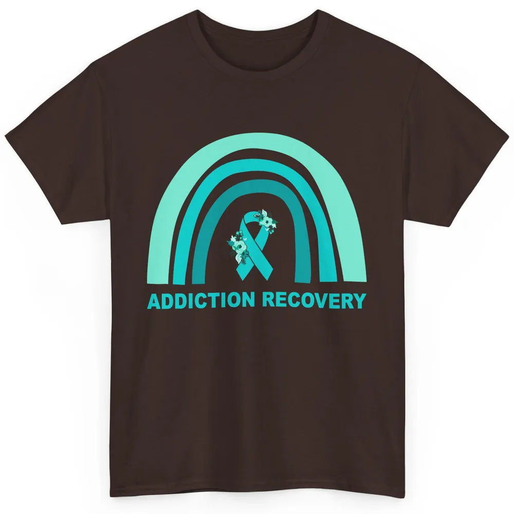 Addiction Recovery Awareness Floral Teal Ribbon Rainbow Classic Unisex T-Shirt