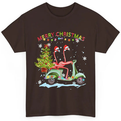 Merry Christmas Flamingos Santa Hat Xmas Lights Motorbike Classic Unisex T-Shirt