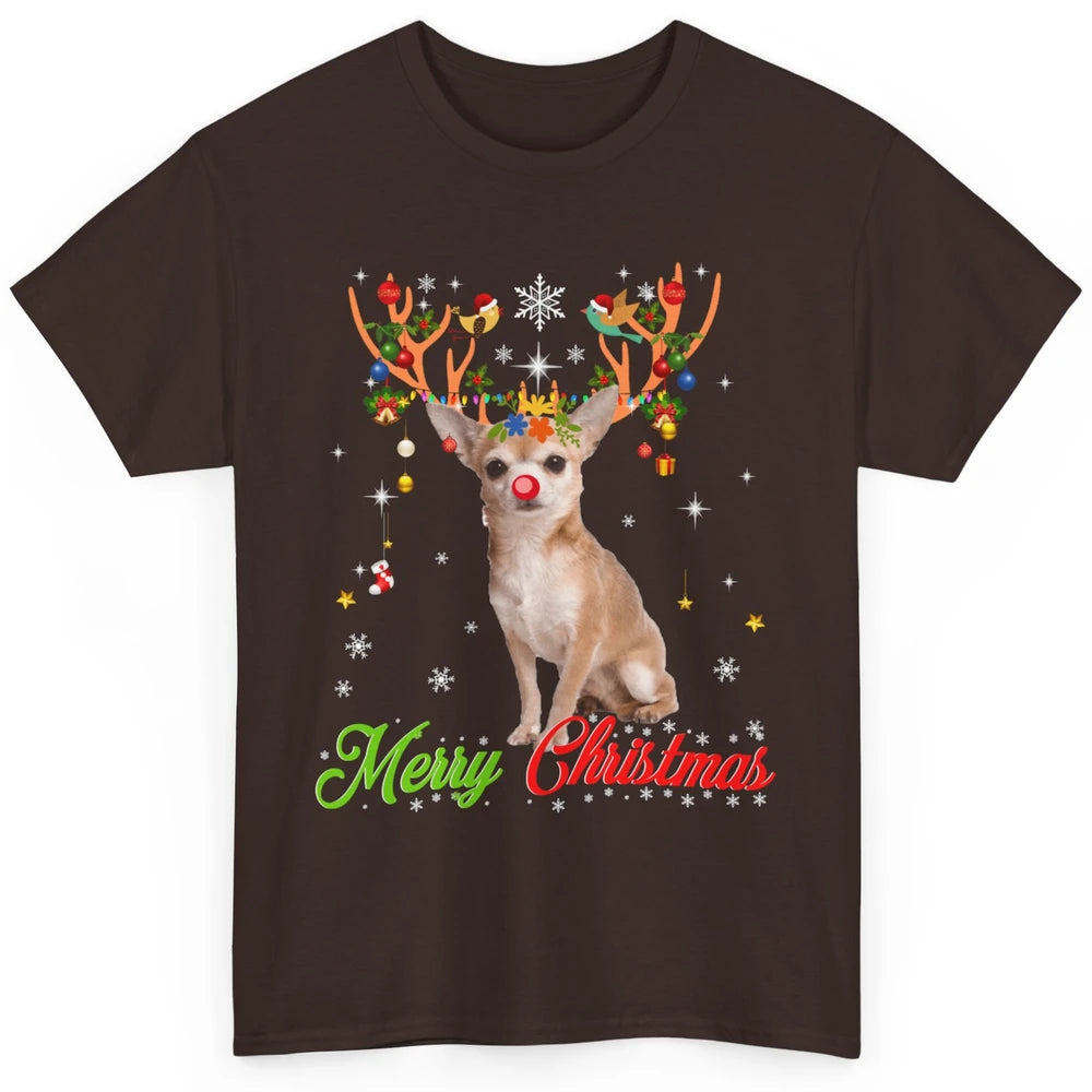 Merry Christmas Chihuahua Dog Santa Hat Xmas Reindeer Lights Classic Unisex T-Shirt