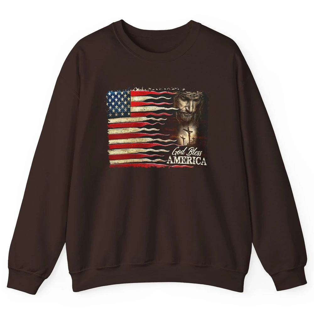 Retro US Flag Jesus Cross God Bless America Patriot July 4th Unisex Crewneck Sweatshirt