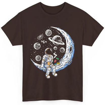 Funny Astronaut On The Moon Coffee And Donut Space Lovers Classic Unisex T-Shirt