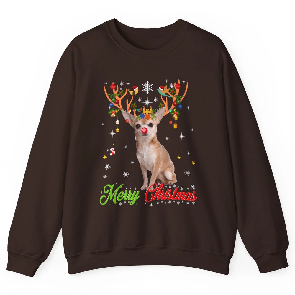 Merry Christmas Chihuahua Dog Santa Hat Xmas Reindeer Lights Unisex Crewneck Sweatshirt