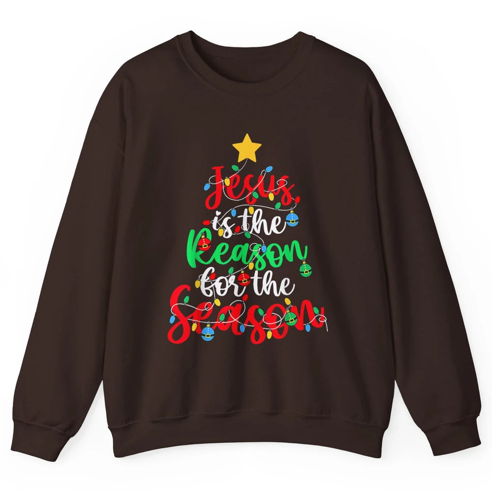 Merry Christmas Jesus The Reason For Season Xmas Tree Lights Unisex Crewneck Sweatshirt