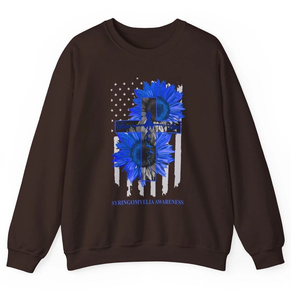 Syringomyelia Awareness Faith Hope Love Blue Ribbon US Flag Unisex Crewneck Sweatshirt