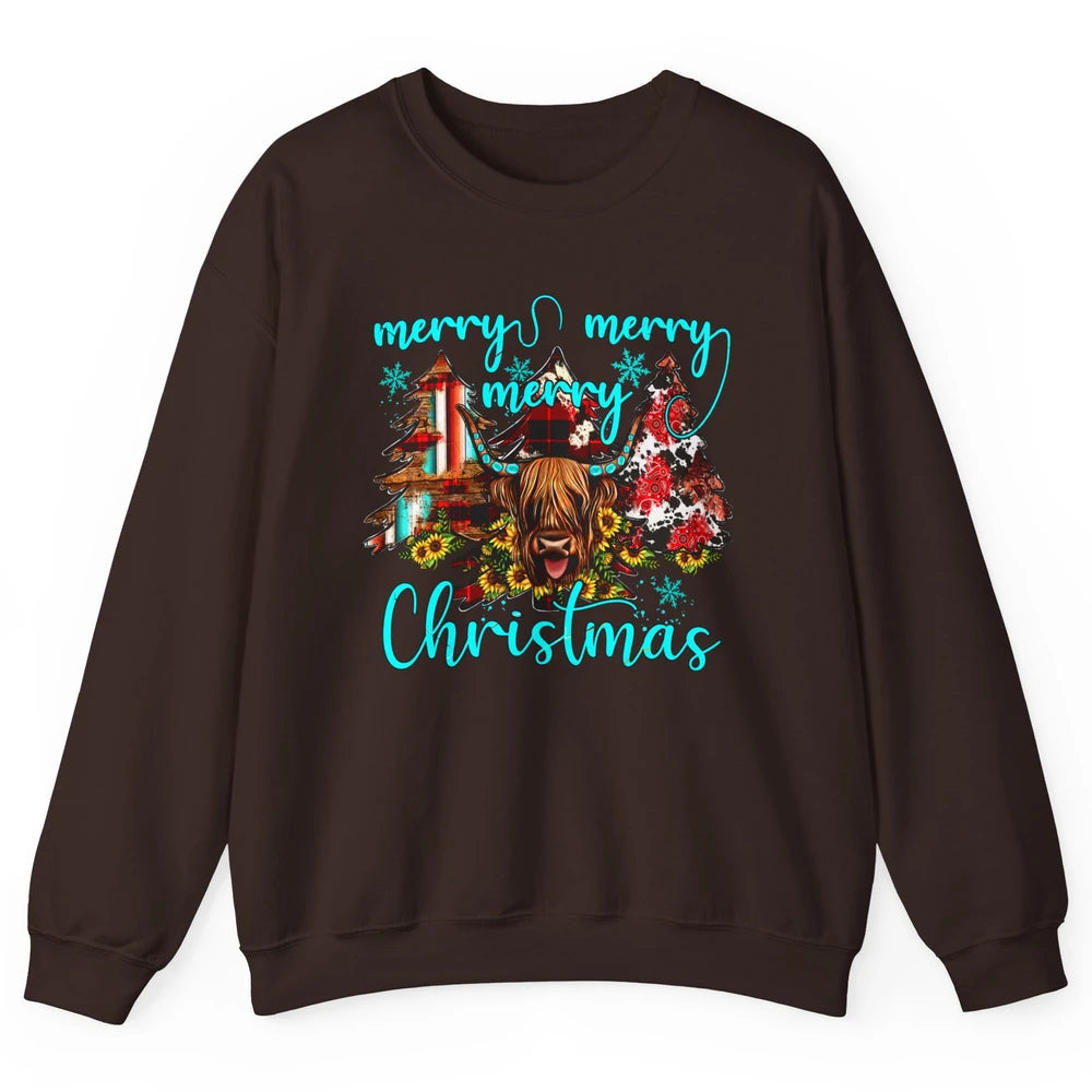 Highland Cow Merry Christmas Heifer Western Country Cowboy Unisex Crewneck Sweatshirt