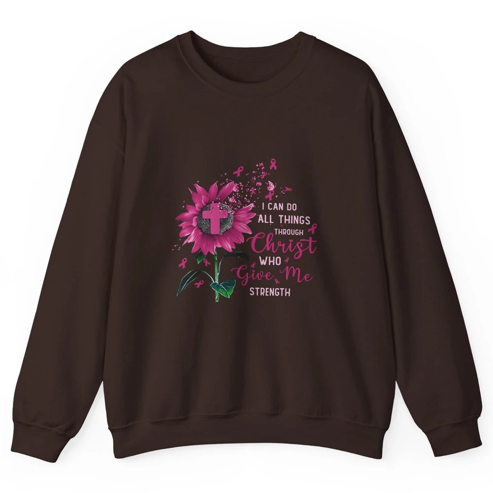 Breast Cancer Month Sunflower God Strength Cross Pink Ribbon Unisex Crewneck Sweatshirt